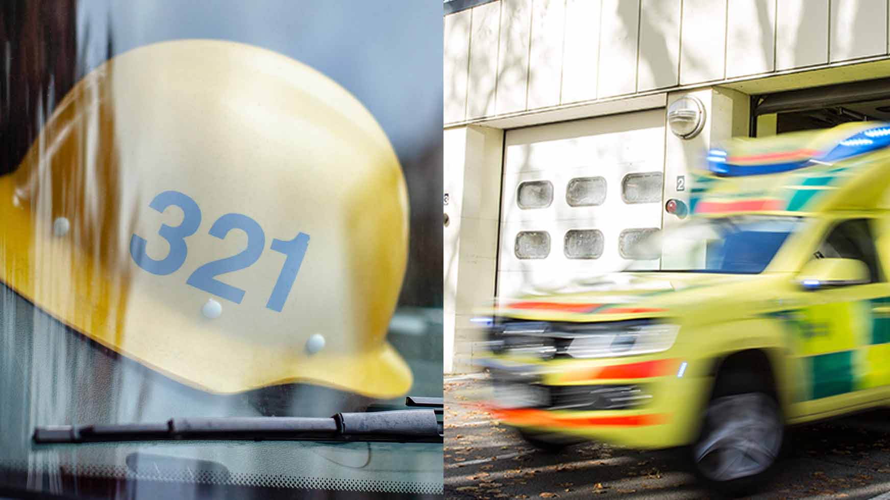 Till vänster en gul brandhjälm och till höger en körande ambulans