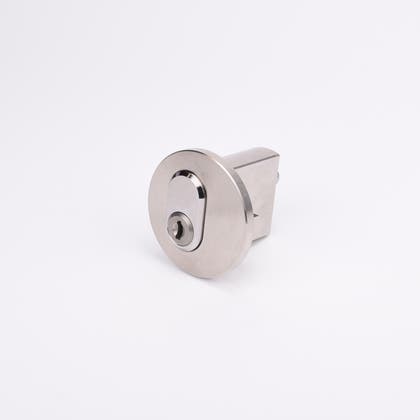 Cylindriskt metallås med nyckelhål i mitten, avsett för dörrar eller skåp.