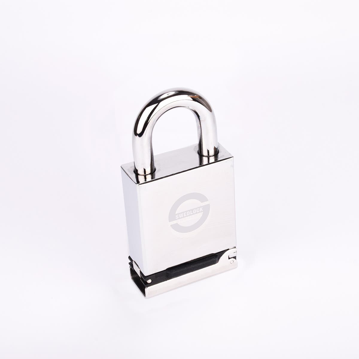 Silverfärgat Svedlock‑hänglås i metall med rund, robust bygel och graverad märkning på framsidan.