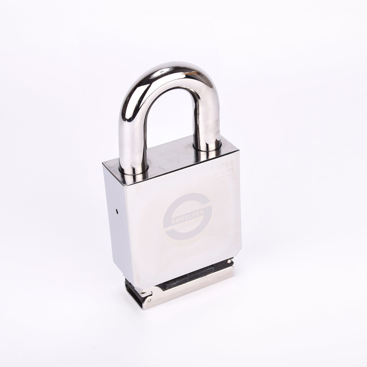 Silverfärgat Svedlock‑hänglås i metall med rund, robust bygel och graverad märkning på framsidan.