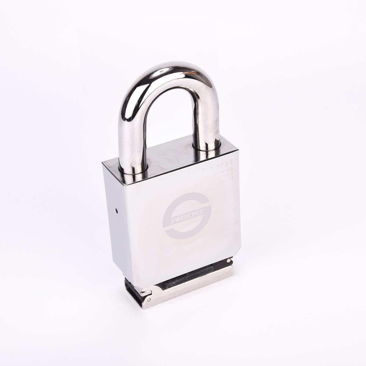 Silverfärgat Svedlock‑hänglås i metall med rund, robust bygel och graverad märkning på framsidan.