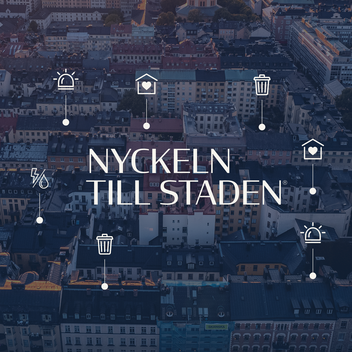 En stad från ovan där texten !Nyckeln till staden" tillsammans med iconer är i förgrunden