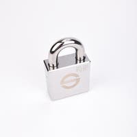 Silverfärgat hänglås med rektangulär kropp och rund bygel.