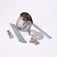 Uppsättning metallkomponenter inklusive blank duo city del, långa skruvar, runda plattor med hål samt mindre skruvar och bultar.