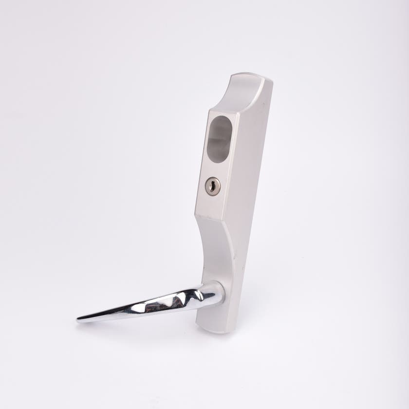 Silverfärgat ovalt Duolås med nyckelhål, med ett blankt handtag.