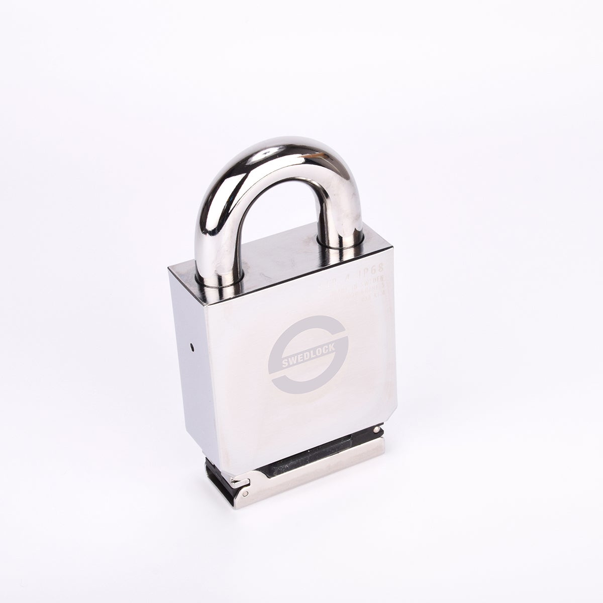 Silverfärgat Svedlock‑hänglås i metall med rund, robust bygel och graverad märkning på framsidan.