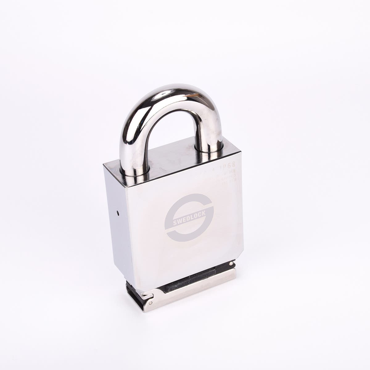 Silverfärgat Svedlock‑hänglås i metall med rund, robust bygel och graverad märkning på framsidan.