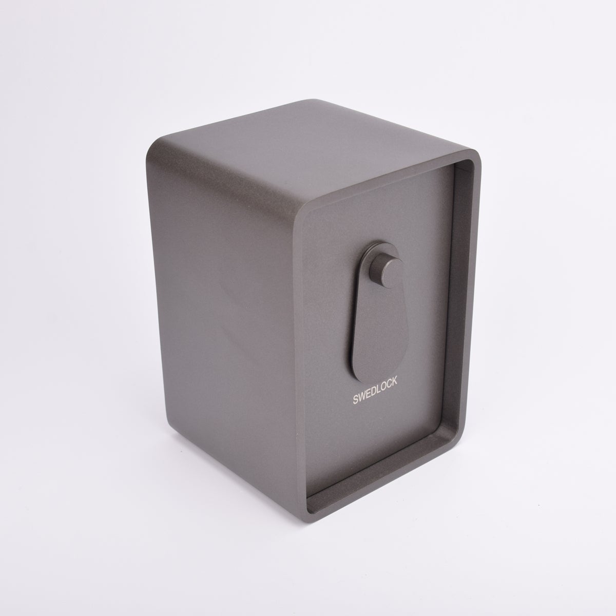 Grått fasadnyckelskåp i metall med rundade hörn och vridbar skyddskåpa.