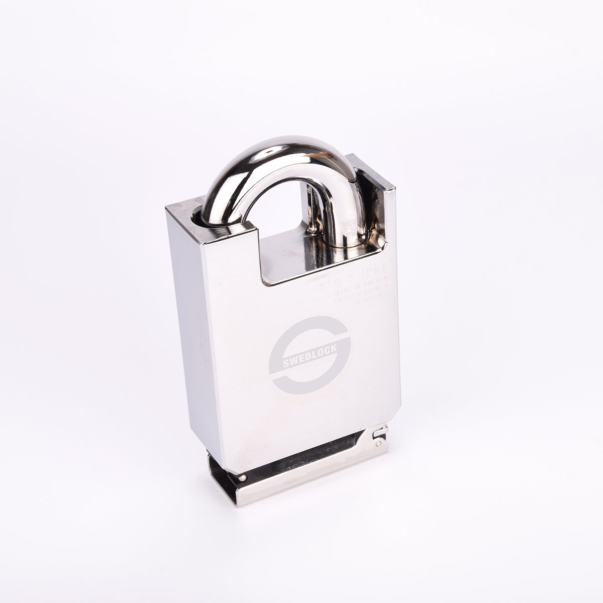 Silverfärgat Svedlock‑hänglås i metall med rund, robust bygel och graverad märkning på framsidan.