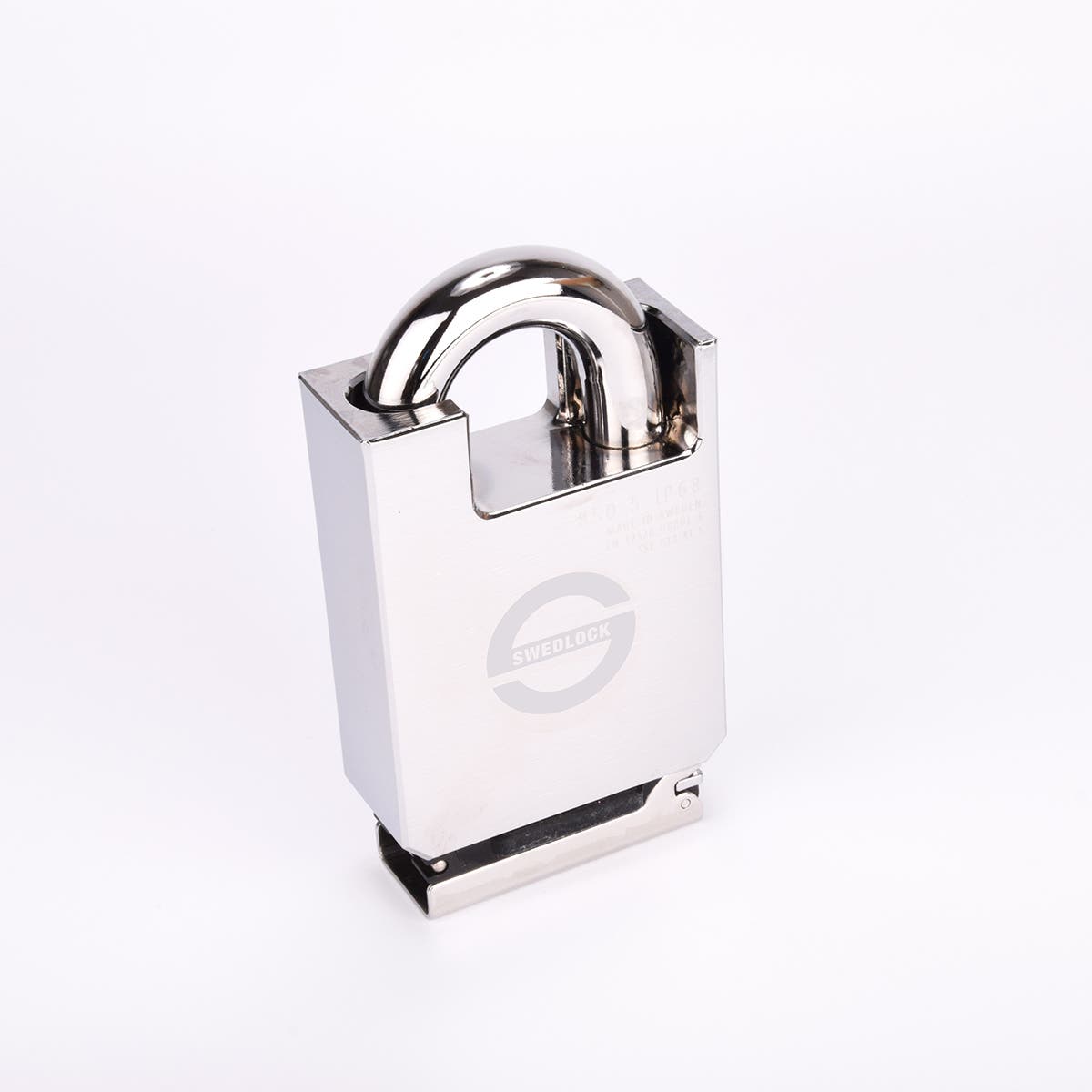 Silverfärgat Svedlock‑hänglås i metall med rund, robust bygel och graverad märkning på framsidan.