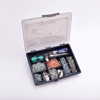 Verktygslåda med genomskinligt lock, innehållande organiserade fack med ett sortiment av skruvar, muttrar, brickor och andra smådelar.