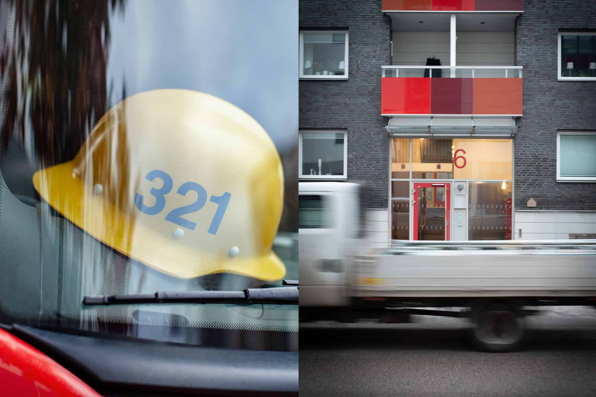 En montasje: en gul brannmannshjelm og porten til en bygård