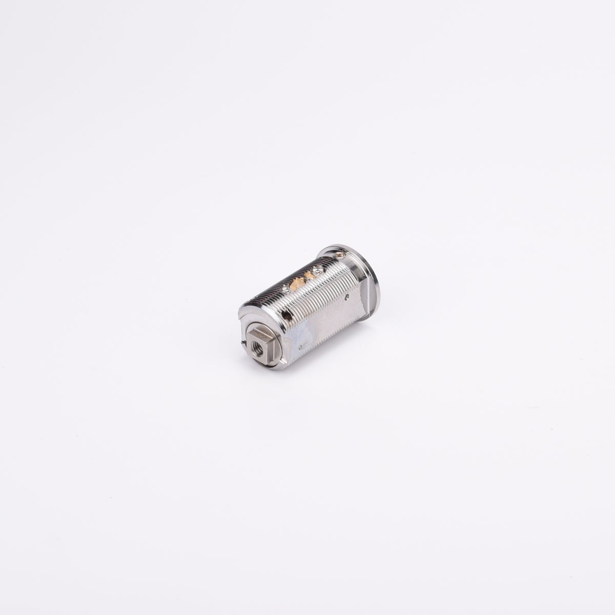Cylindrisk metallkomponent med gängad utsida och ett runt hål.