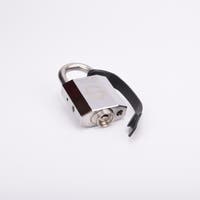 Silverfärgat hänglås med rektangulär kropp och rund bygel. En svart gummirem hänger från hänglåsets bygel.
