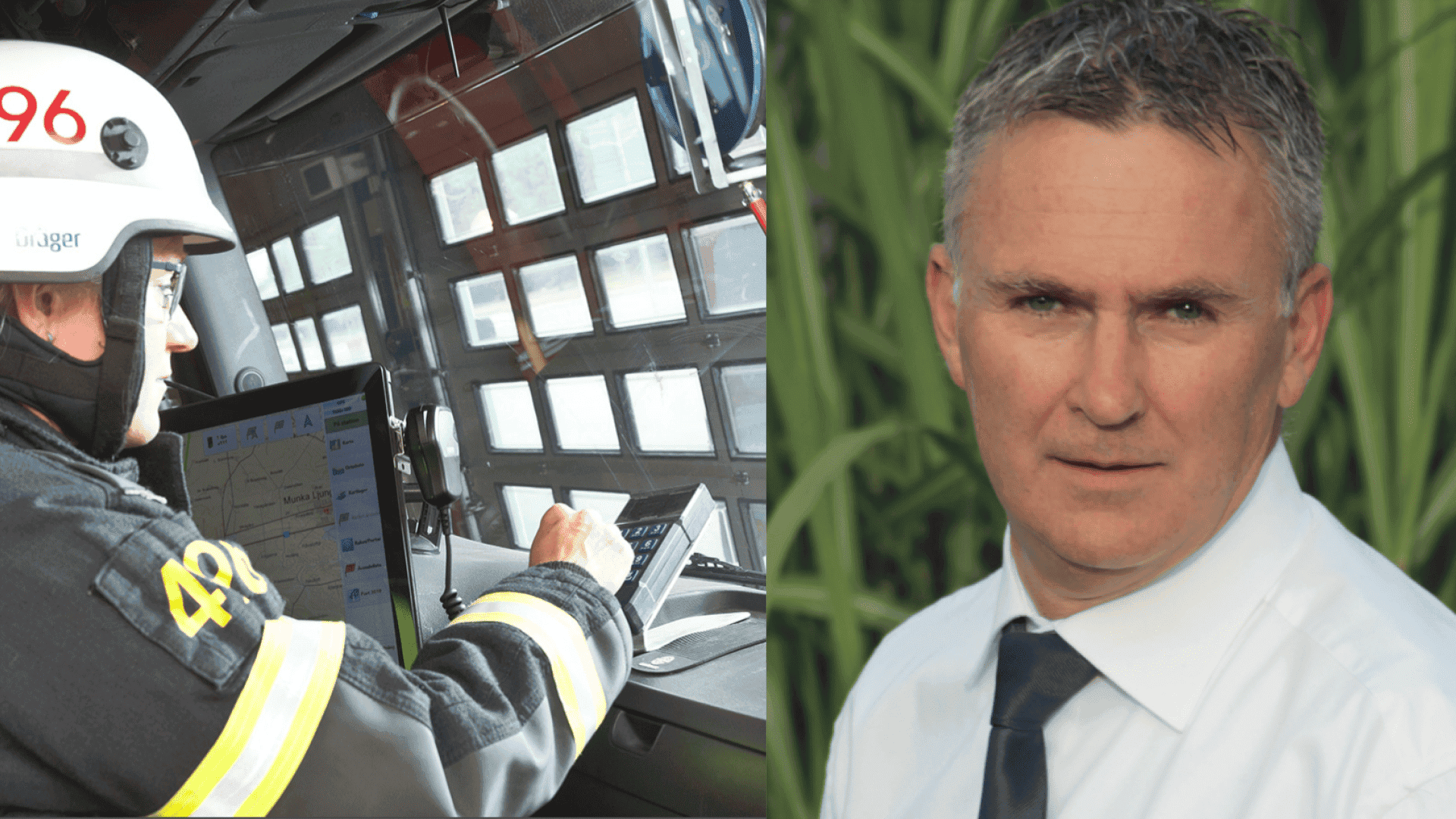 Ett montage; en brandman som använder en dator för nyckeluppdaterar för att ge nyckeln behörighet och en person i närbild