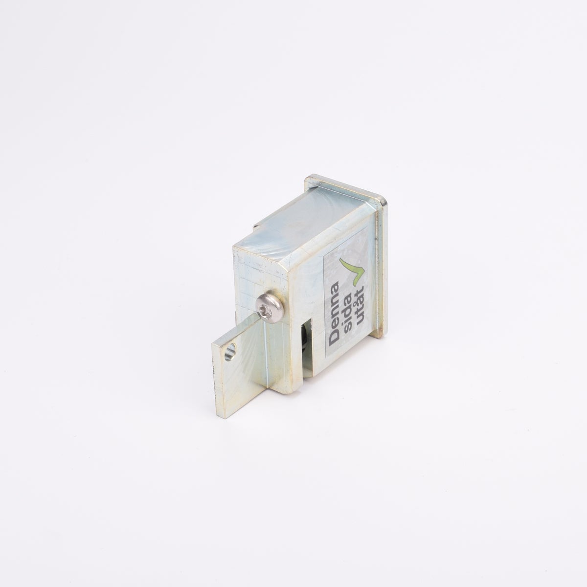 Metalliskt lås med utskjutande regel och etikett med texten ”Denna sida utåt” samt grön bock.