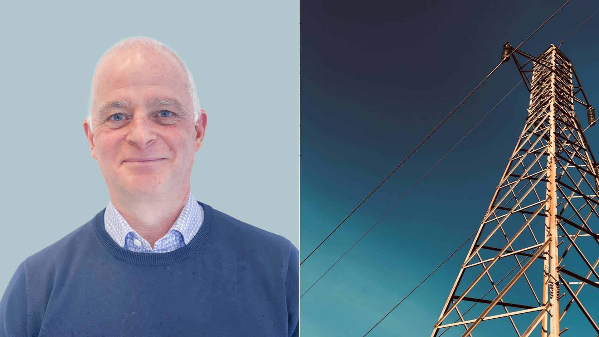 Ett montage; en leende person i närbild och en kraftledning