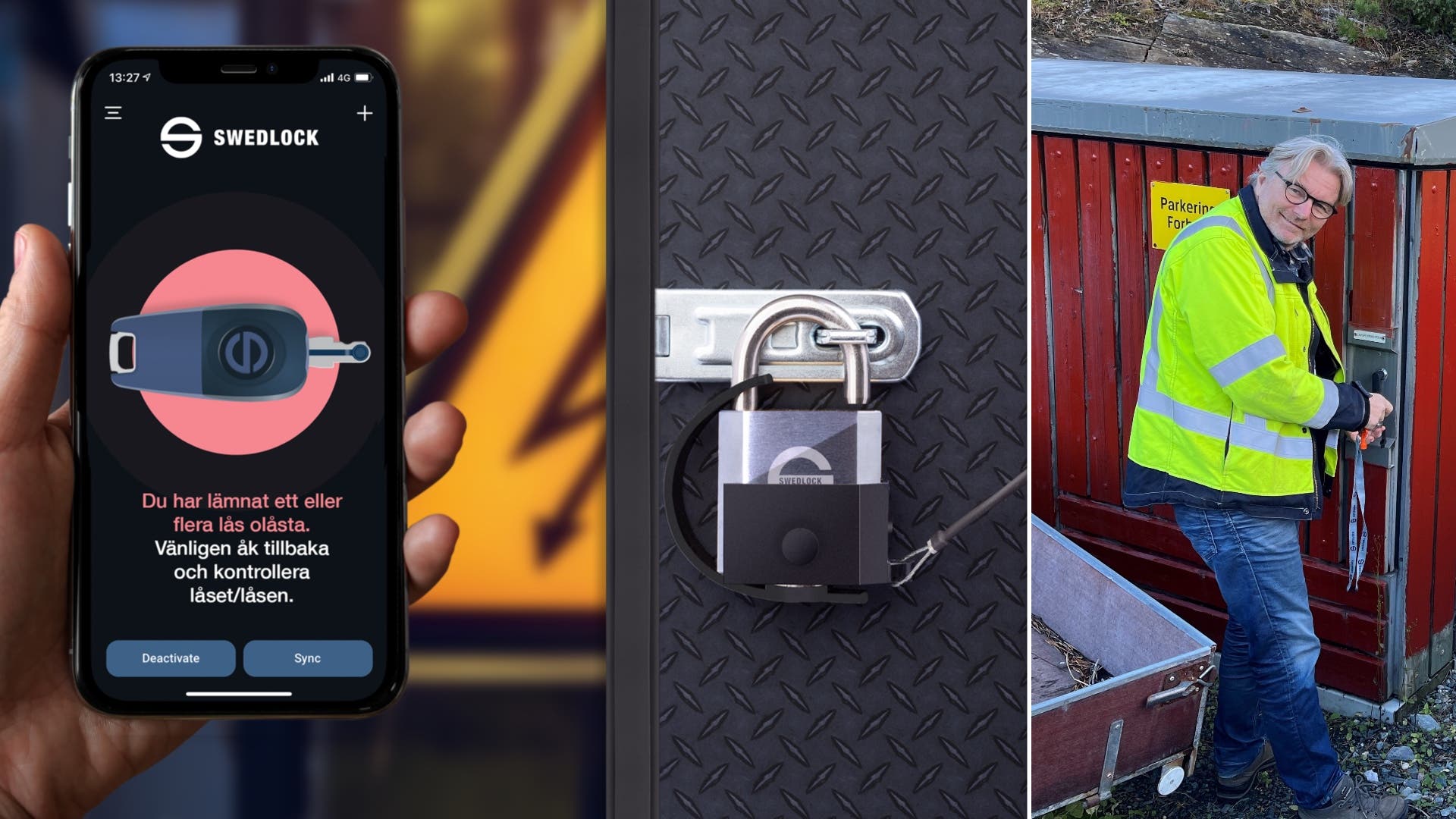 En montasje av bilder: en mobiltelefon som varsler brukeren om at det er ulåste låser, en hengelås med Swedlock Alert og en mann i gul varseljakke