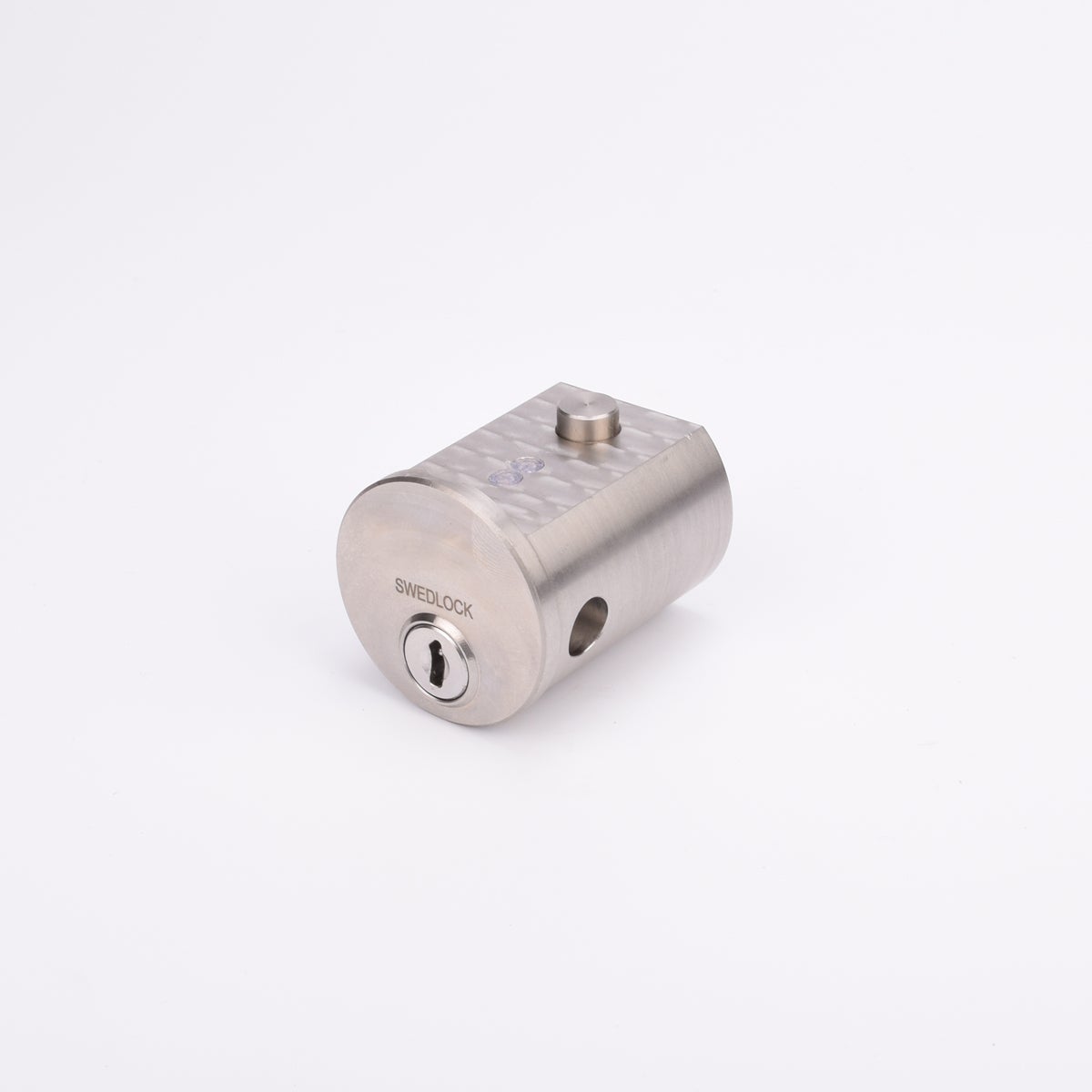 Cylindrisk silverfärgad metallisk låscylinder med nyckelhål.