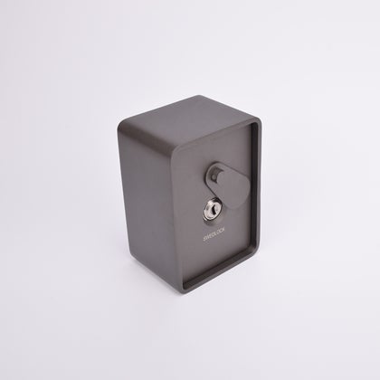 Grått fasadnyckelskåp i metall med rundade hörn och vridbar skyddskåpa över nyckelhålet.
