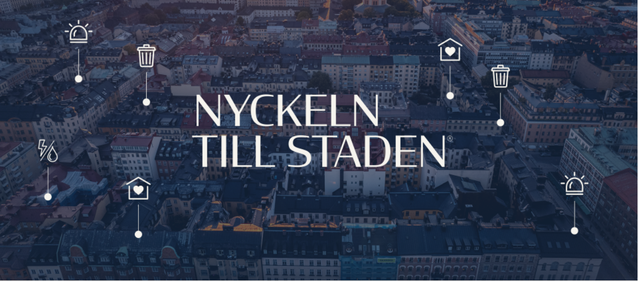 En bild över en stad med en text skriven ovanpå: "Nyckeln till staden" Runt texten är det ikoner på en klocka, soptunna, sjukhus, el och vatten